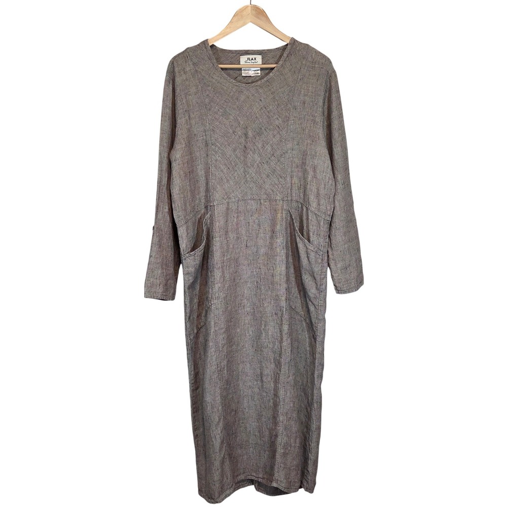 Vtg FLAX Engelhart 100% Linen Maxi Dress Small Earthy Lagenlook Pockets Minimal